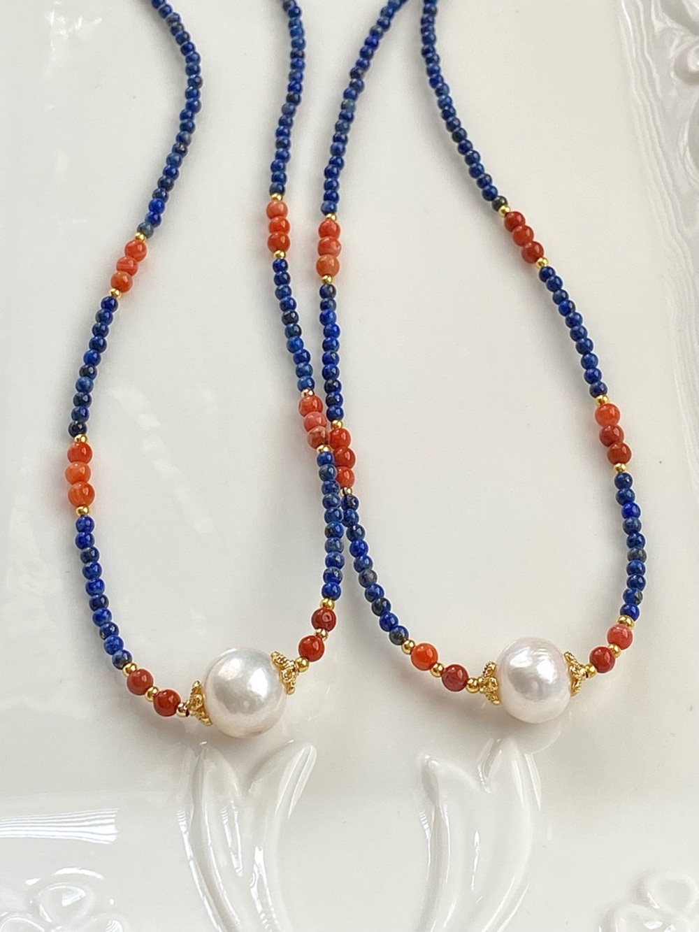 GP59-Lapis Lazuli, Red Agate And Edison Pearl Necklace - Picture 2 of 15